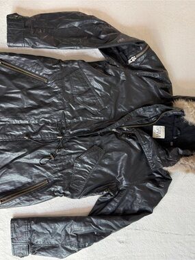 SAM New York Black Coated Parka Fur Trim Hood Women’s Size M ITEM2661